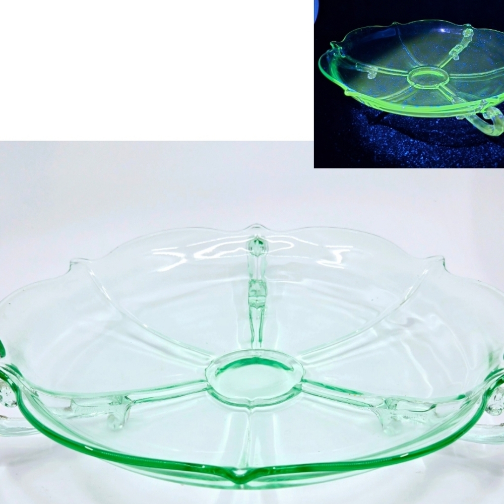 Large Depression Green Glass 13.5" Bowl/Platter Ornate Shape and Decorative Feet